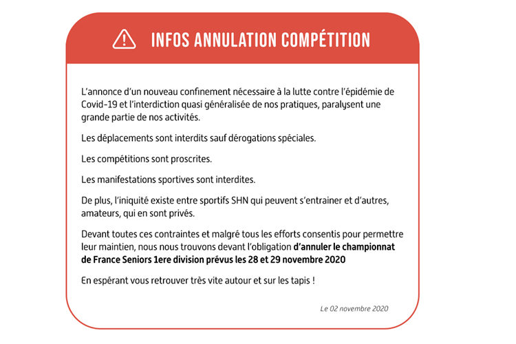 ANNULATION DU CHAMPIONNAT DE FRANCE SENIORS 1ère DIVISION